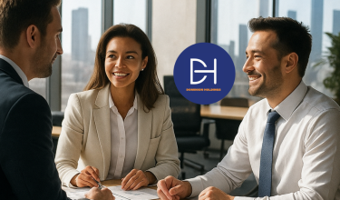 Business team discussing psychometric assessments at a conference table in a bright modern office with city views