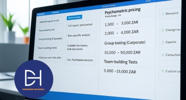 A computer screen displaying a psychometric test interface with pricing information, including Individual Cognitive Test (1,500 - 3,000 ZAR), Personality Test (2,000 - 4,000 ZAR), Group Testing (Corporate) (10,000 - 50,000 ZAR), and Team-Building Tests (5,000 - 15,000 ZAR).