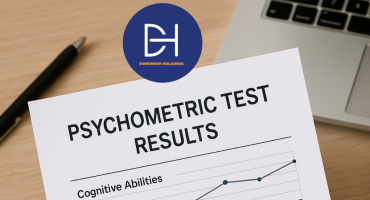 Hand holding a psychometric test results report with charts on cognitive abilities, personality traits, and job fit, placed on a wooden desk next to a laptop.
